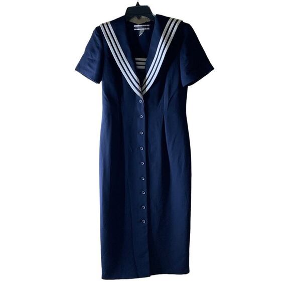 Vintage Amanda Smith Maxi Dress Size 10 Petite Navy Stripes Sailor Nautical - Picture 1 of 8